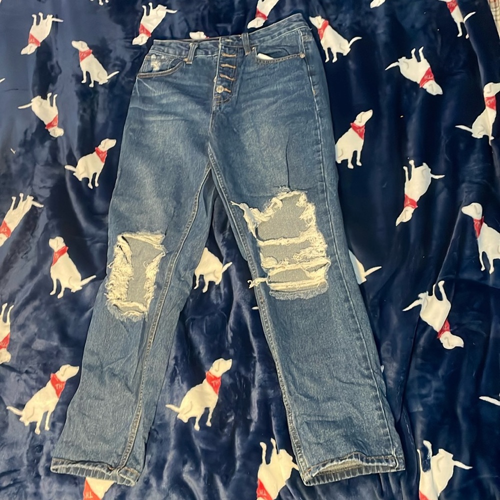 Distressed button fly straight leg mom jeans